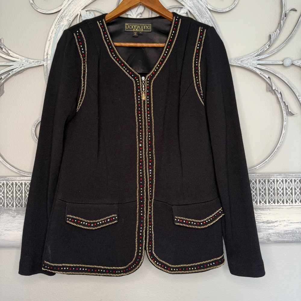 Donna Vinci Knits Womens Black Rhinestone Chain Trim Zip Front Jacket Size 10
